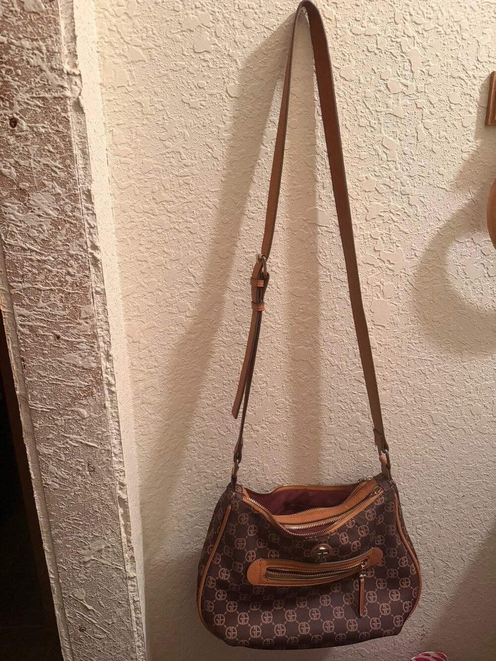 Giani Bernini Monogram Hobo Shoulder Bag Brown Multi Pocket Silver Logo